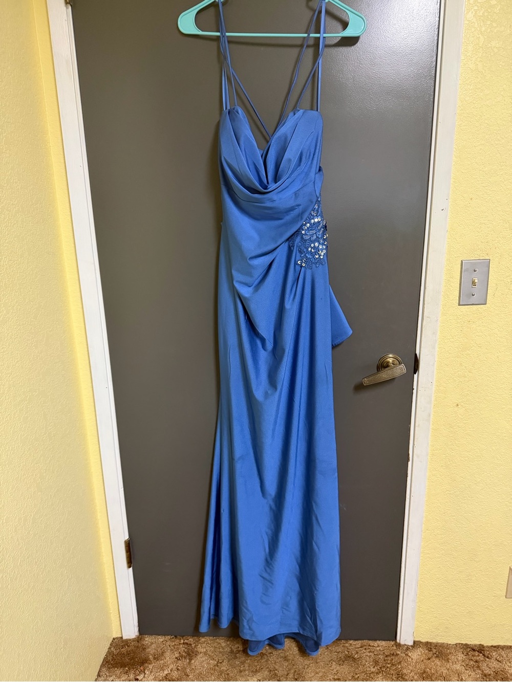 City Studio Royal Blue Spaghetti-Strap Prom Gown with Embellished Hip